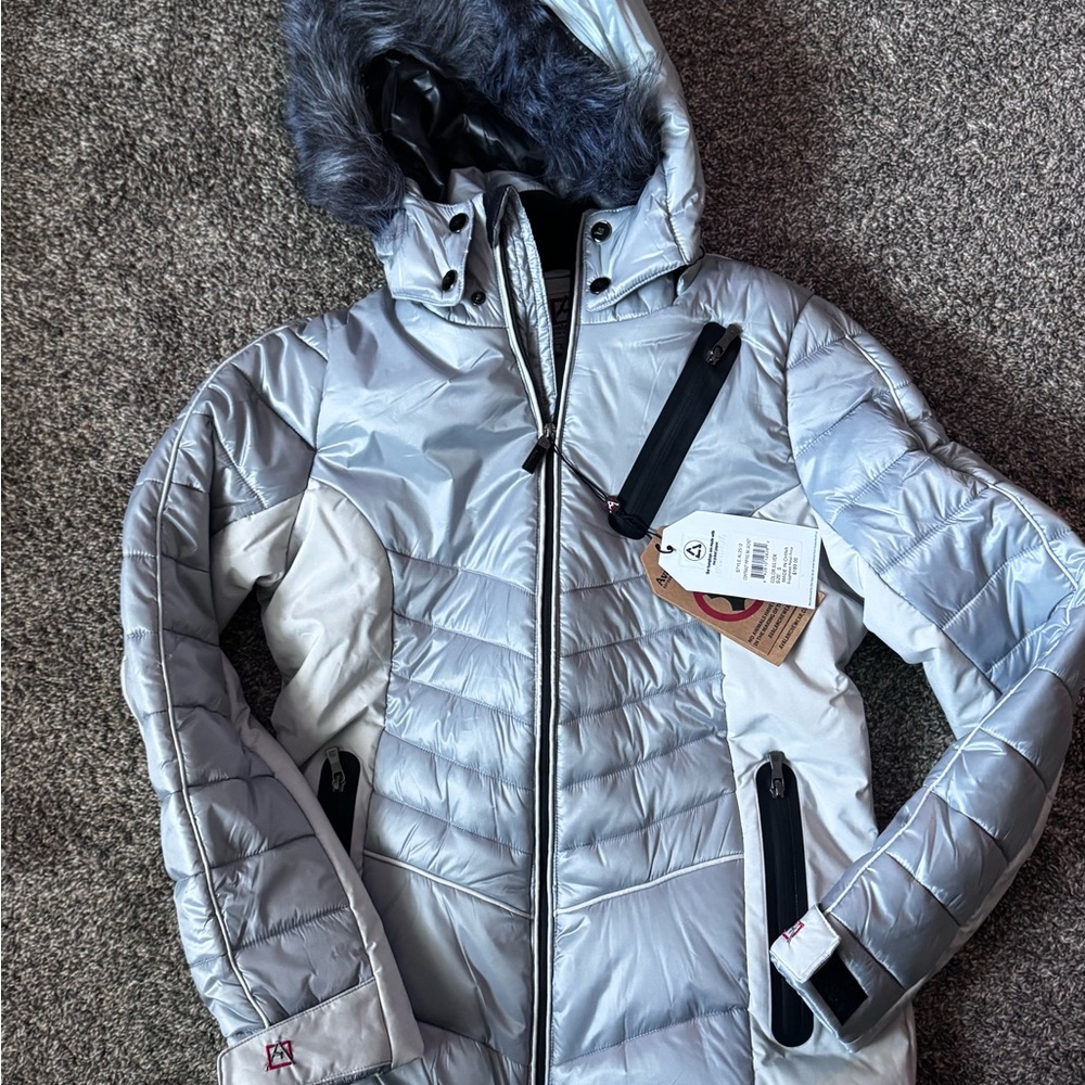 Avalanche Women's Silver Puffer Jacket with Faux Fur Hood